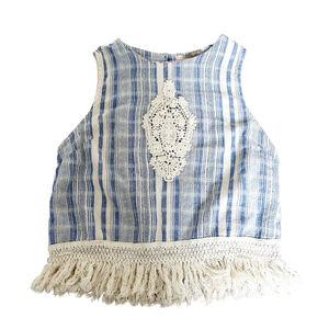 Cotton-Blend Blue & White White Striped Forever 21 Fringe Tank Top Size M Summer